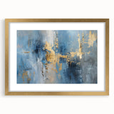 Abstract wall art featuring vibrant gold strokes on a textured background, elegantly framed with a mat, enhancing modern interior decor. Perfect for stylish living spaces.