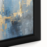 Abstract strokes wall art featuring vibrant blue, orange, and gold hues, framed in a sleek black frame, showcasing a modern artistic design for contemporary home decor.