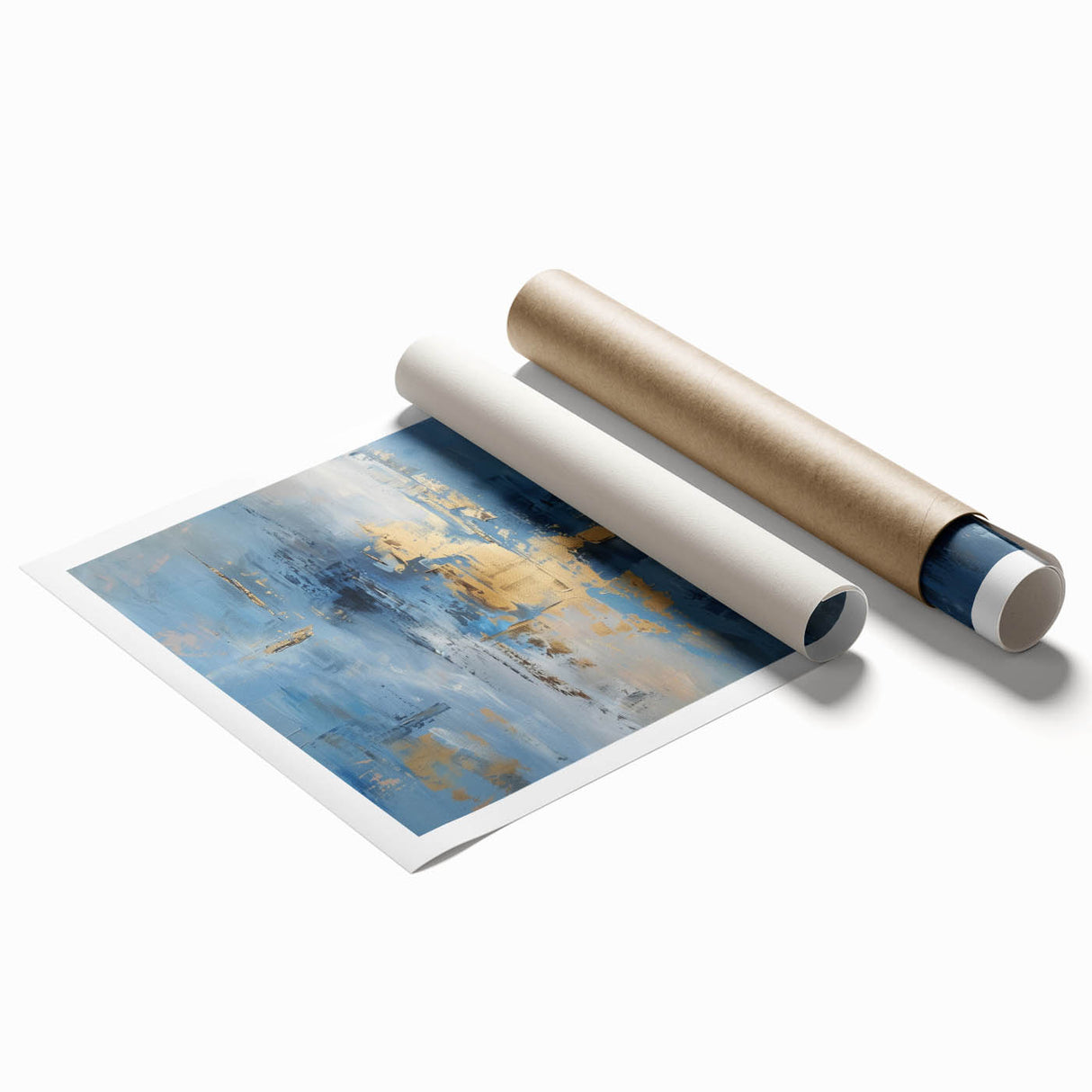 Abstract wall art print showcasing vibrant strokes in shades of blue, orange, and gold, rolled and ready for display, enhancing modern interior decor.