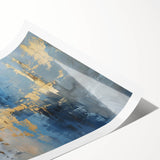 Abstract wall art print showcasing vibrant strokes in shades of blue, orange, and gold on a textured background. Perfect for modern interior decor, this rolled artwork adds a contemporary flair to any space.