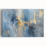 Abstract strokes wall art on stretched canvas showcasing vibrant colors of blue, orange, and yellow, perfect for modern home decor and artistic inspiration.