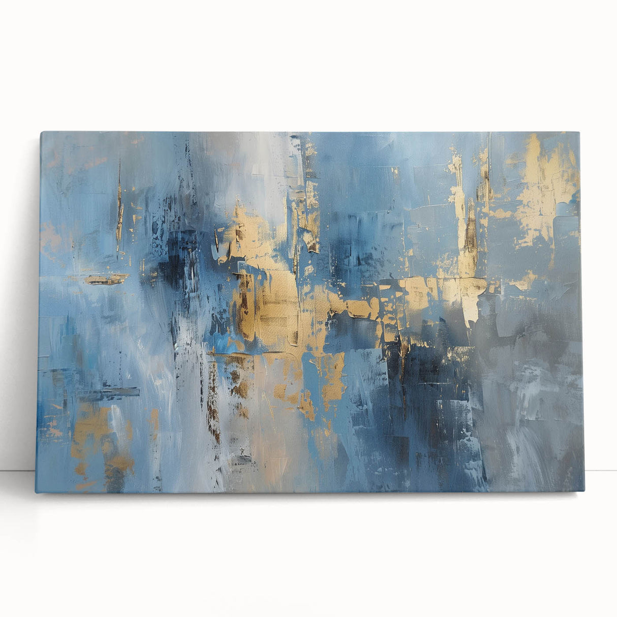 Abstract wall art featuring colorful strokes in vibrant shades of blue, pink, and yellow, printed on a stretched canvas, leaning against a neutral wall, perfect for modern decor.