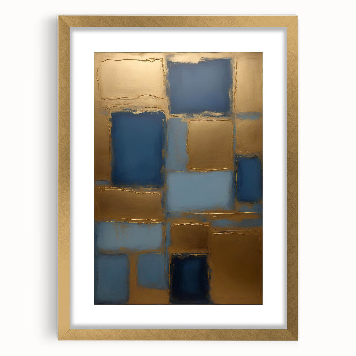 Abstract strokes wall art framed in gold with a mat, showcasing vibrant colors and modern design, perfect for adding elegance to contemporary interiors.