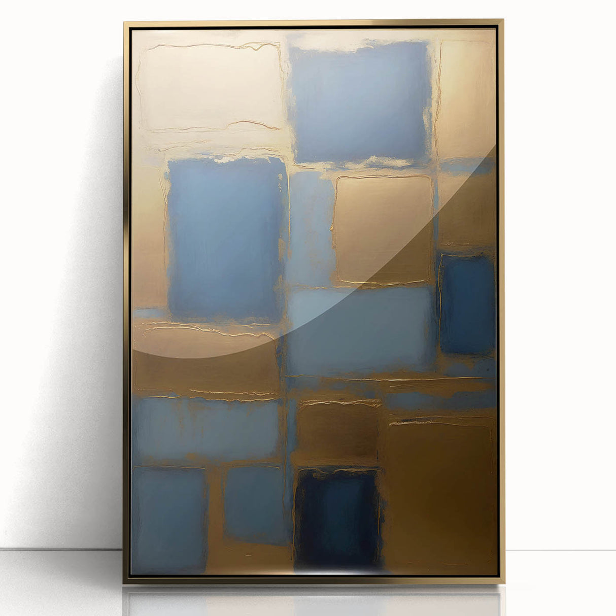 Framed wall art featuring abstract strokes in gold and cream, showcasing a modern design that adds elegance to any interior decor. Perfect for contemporary spaces.