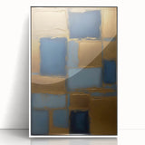 Framed abstract wall art featuring vibrant strokes in shades of blue, pink, and gold, set against a white background, perfect for modern home decor.