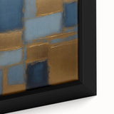 Close-up of framed abstract strokes wall art featuring vibrant colors like blue and gold on a textured canvas, perfect for modern home decor.