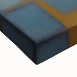 Close-up of vibrant abstract strokes wall art on stretched canvas, showcasing bold colors like blue, orange, and yellow, perfect for modern decor.