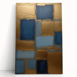 Abstract wall art featuring vibrant strokes in blue, yellow, and pink, printed on stretched canvas, leaning against a neutral wall, adding a modern touch to home decor.