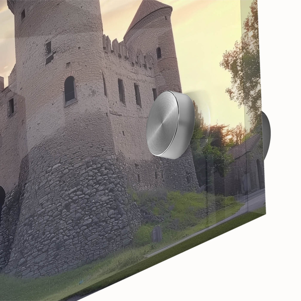 Close-up view of an acrylic glass artwork depicting a vibrant landscape with a majestic castle, showcasing rich colors and intricate details, perfect for home decor.