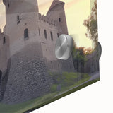 Close-up view of an acrylic glass artwork depicting a vibrant landscape with a majestic castle, showcasing rich colors and intricate details, perfect for home decor.