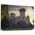 Acrylic landscape artwork depicting a serene castle scene, displayed in a side view with decorative pins, showcasing vibrant colors and intricate details. Perfect for enhancing home decor with a touch of elegance and charm.