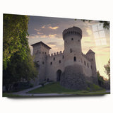 Stunning acrylic glass wall art featuring a vibrant landscape scene with majestic castles, elegantly displayed from a side view, ideal for home décor.