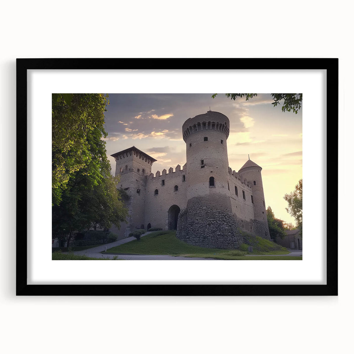 Elegant black-framed landscape artwork showcasing a majestic castle surrounded by lush greenery, presented with a white mat for a refined look. Perfect for enhancing home decor with a classic touch.