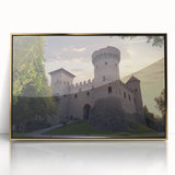 Framed acrylic artwork depicting a vibrant landscape with a majestic castle, enriched with gold accents, ideal for home decor and artistic enhancement.