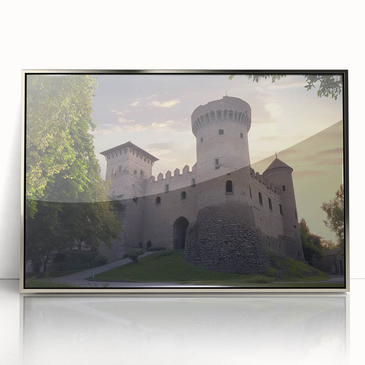 Framed acrylic artwork showcasing a serene landscape with a majestic castle, highlighted by a silver frame, perfect for home decor enthusiasts.