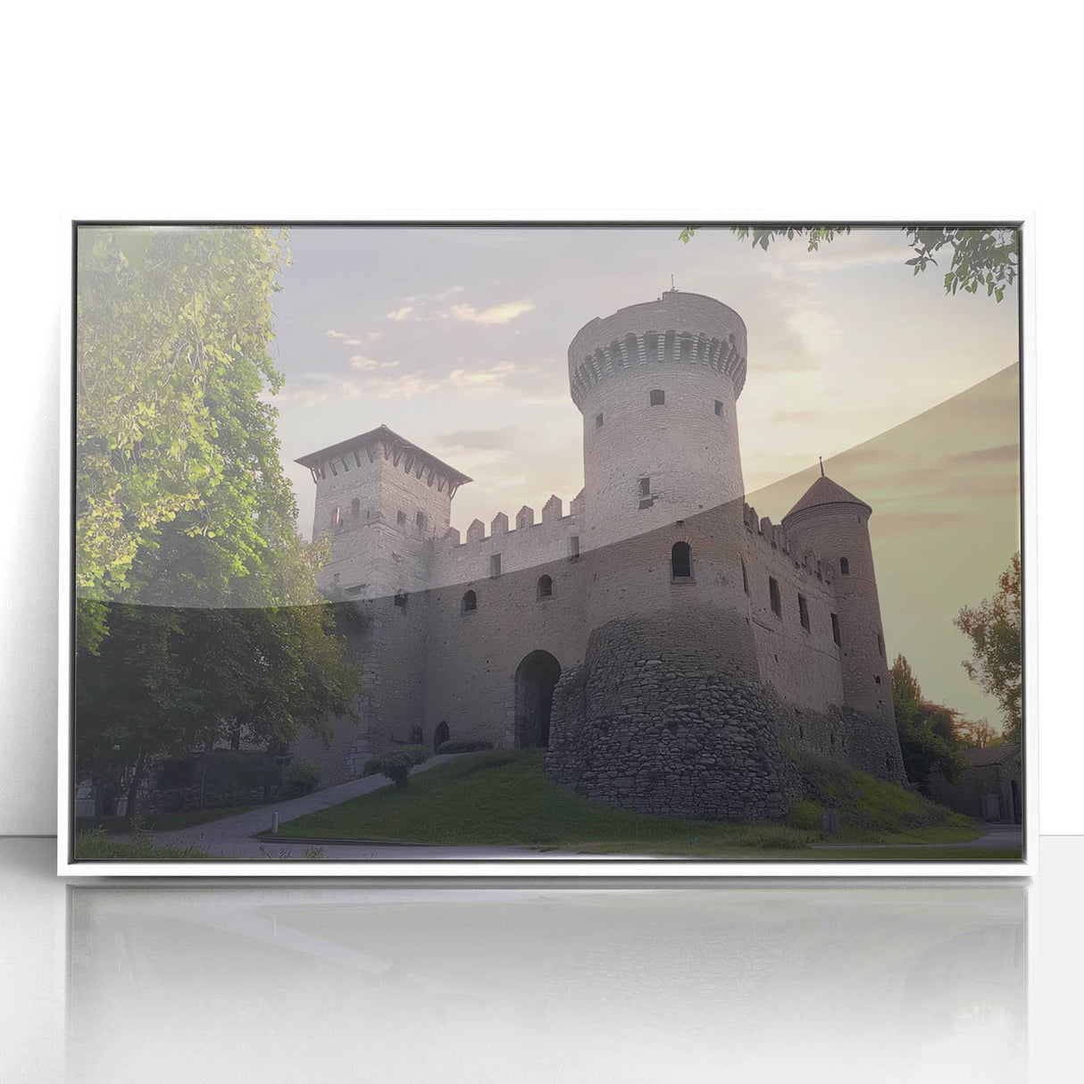 Framed acrylic artwork of a picturesque castle landscape, showcasing vibrant colors and intricate details, elegantly displayed in a sleek white frame.
