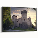 Framed canvas artwork showcasing a picturesque landscape with a castle, featuring a black frame and side view display, perfect for home decor and interior design.