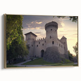 Framed canvas artwork depicting a picturesque landscape with a majestic castle, featuring a gold frame and side view, perfect for enhancing home décor.