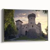 Framed canvas art showcasing a majestic castle landscape with vibrant colors and intricate details, featuring a sleek silver frame that enhances its elegant design.