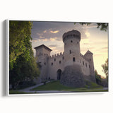Framed canvas artwork depicting a serene landscape with a majestic castle, set against a vibrant sky, featuring a white frame for elegant presentation.