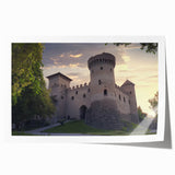 Landscape print showcasing a majestic castle surrounded by lush greenery and a serene sky, rolled for easy shipping and display in any setting.