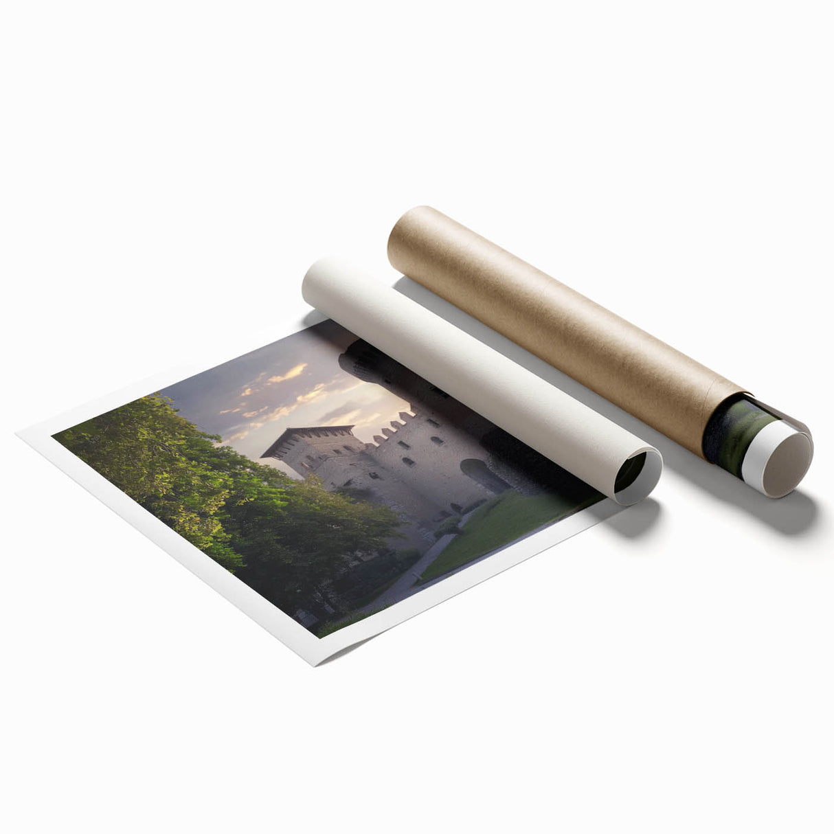 Rolled print showcasing a vibrant landscape featuring a majestic castle set against a serene backdrop of lush greenery and a clear blue sky, perfect for home decor.