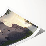 Scenic rolled print of a majestic castle surrounded by lush green landscapes, showcasing vibrant colors and intricate details, ideal for home decor.