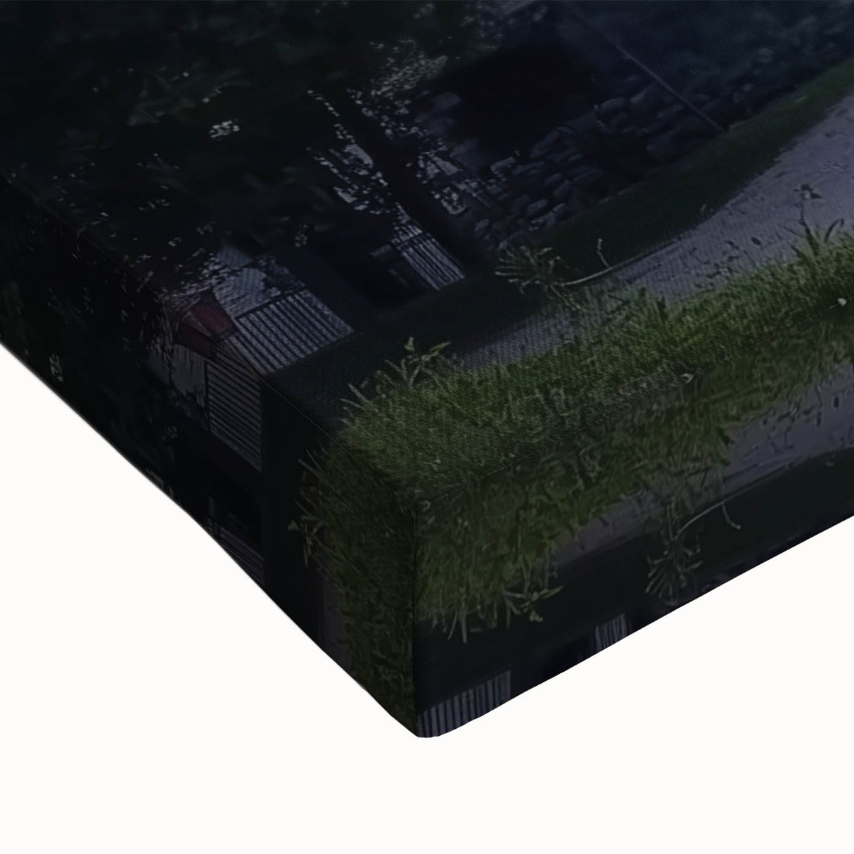 Close-up of a stretched canvas print showcasing a vibrant landscape with a majestic castle surrounded by lush greenery, ideal for home decor enthusiasts.