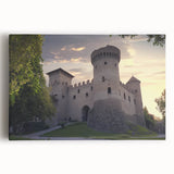 Stretched canvas artwork depicting a majestic castle surrounded by lush green landscapes, showcasing vibrant colors and intricate details, perfect for home decor.