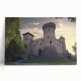 Stretched canvas artwork depicting a serene landscape featuring a majestic castle surrounded by lush greenery under a clear blue sky, perfect for home decor.