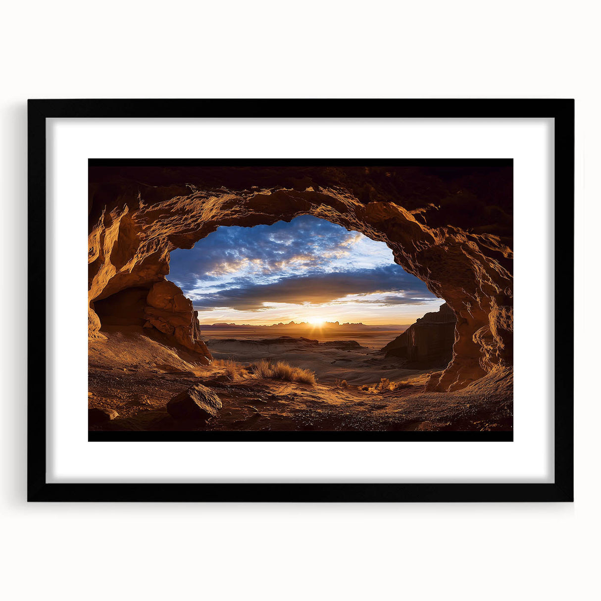 Framed black landscape art featuring a cave scene, elegantly matted and designed for wall display, showcasing intricate details and rich textures. Perfect for home decor enthusiasts looking to enhance their living space with striking natural imagery.