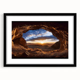 Framed black landscape art featuring a cave scene, elegantly matted and designed for wall display, showcasing intricate details and rich textures. Perfect for home decor enthusiasts looking to enhance their living space with striking natural imagery.