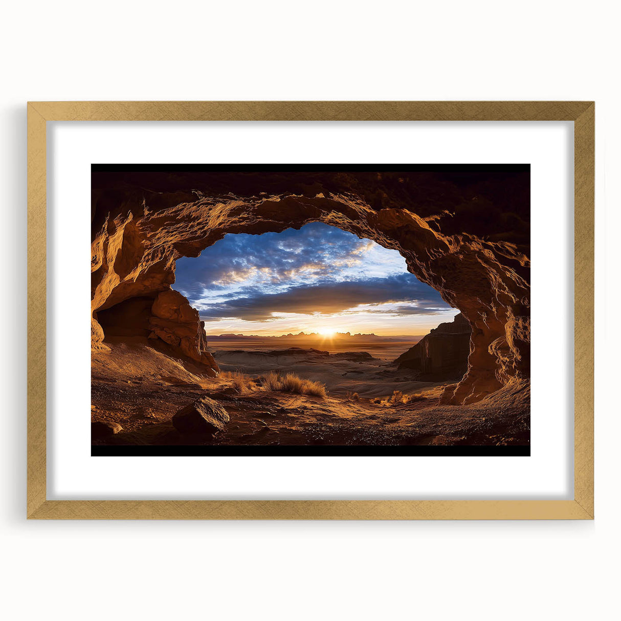 Elegant gold-framed landscape artwork showcasing a cave scene with a mat, perfect for enhancing home decor. Ideal for art lovers seeking unique nature-inspired pieces.