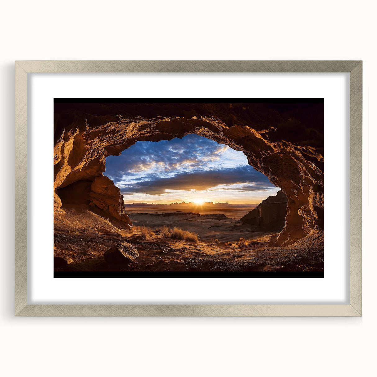Framed landscape artwork featuring a stunning cave scene, elegantly presented with a silver mat and frame, perfect for enhancing home decor aesthetics.