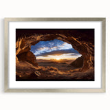 Framed landscape artwork featuring a stunning cave scene, elegantly presented with a silver mat and frame, perfect for enhancing home decor aesthetics.