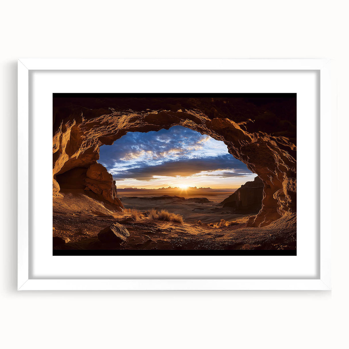 Framed landscape artwork depicting a serene cave scene, featuring a white mat and sleek black frame, ideal for enhancing home decor with natural beauty.