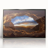 Framed acrylic artwork depicting a serene landscape with cave formations, featuring silver accents. Ideal for modern home decor, adding a touch of elegance.