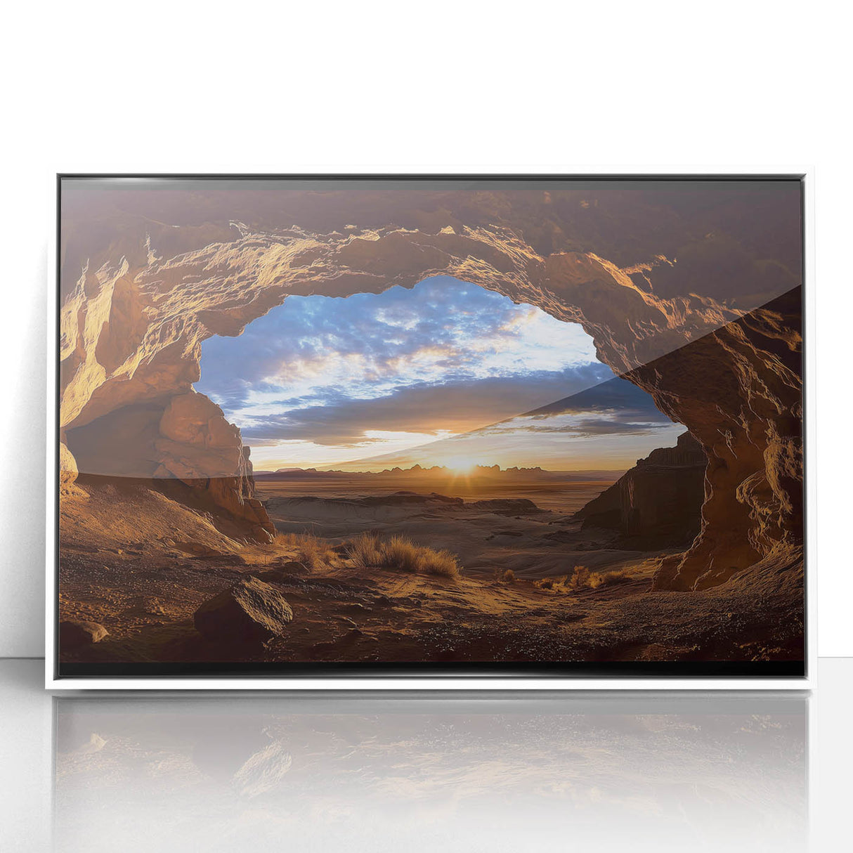 Framed acrylic artwork featuring a vibrant landscape scene with caves and nature elements, presented in a sleek white frame, ideal for home or office decor.