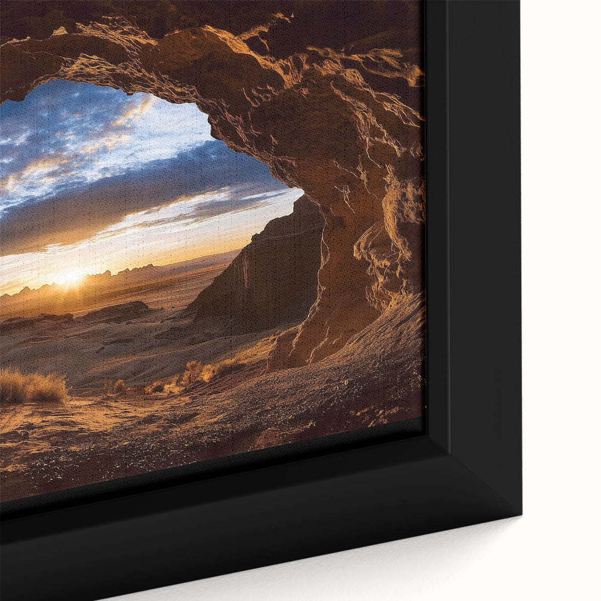 Framed canvas artwork depicting a stunning close-up of a serene landscape with intricate cave formations, showcasing vibrant colors and detailed textures, perfect for home decor.