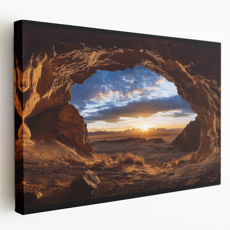 Stretched canvas artwork depicting a serene landscape of caves with earthy tones and intricate details, ideal for nature lovers and home decor enthusiasts.