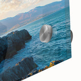 Close-up of a vibrant acrylic landscape artwork depicting dramatic cliffs and serene waters, showcasing rich colors and detailed textures ideal for wall decor.