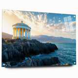 Acrylic landscape artwork showcasing dramatic cliffs in rich colors, presented in a side view with decorative pins for a contemporary display. Perfect for nature enthusiasts.