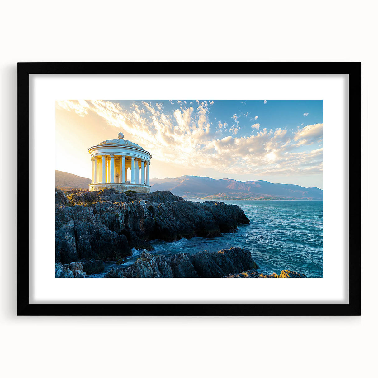 Black-framed landscape print showcasing majestic cliffs with vibrant colors and a textured mat background, perfect for home decor enhancement.