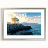 Framed landscape artwork showcasing majestic cliffs in a silver mat, perfect for home decor. The image highlights the intricate details and natural beauty of the scene.