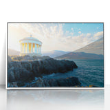 Framed acrylic artwork showcasing a vibrant landscape of cliffs, featuring bold colors and intricate details, ideal for modern home decor and art enthusiasts.