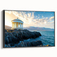 Framed canvas artwork depicting dramatic cliffs and serene landscapes, featuring a sleek black frame and side view, perfect for modern home decor.