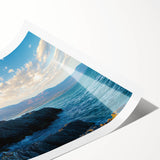 Stunning landscape print showcasing dramatic cliffs against a vibrant sunset sky, rolled and ready for framing, perfect for enhancing home decor.