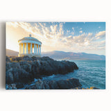 Stretched canvas artwork depicting a dramatic cliff landscape under a vibrant sunset, showcasing rich colors and intricate details, perfect for home decor.
