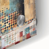 Abstract architectural wall art design printed on acrylic glass, showcasing intricate geometric patterns in vibrant colors, perfect for modern decor.