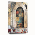 Abstract architectural wall art piece displayed in a side view, showcasing vibrant colors and geometric shapes on acrylic glass, mounted with stylish pins for a modern aesthetic. Ideal for contemporary interior decor.